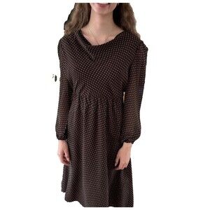 Escada Dress Womens 38 US 6/8 Brown Polka Dot Silk Cowl Neck Long Sleeve A Line